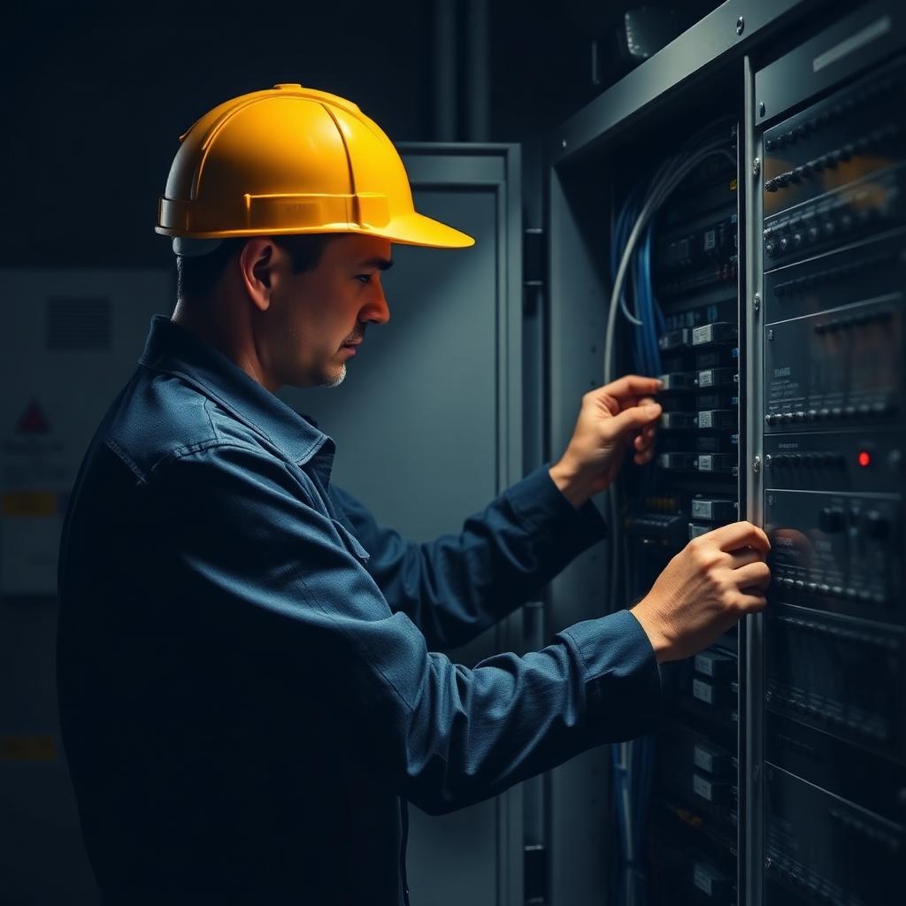 Eletricista profissional trabalhando em painel elétrico